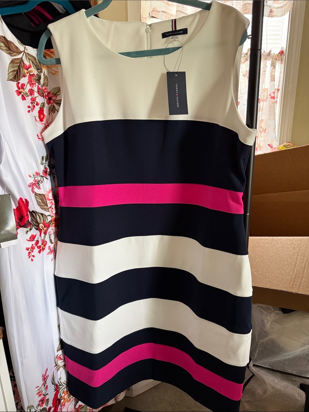 Tommy Hilfiger Navy, White & Pink Striped Midi Sheath Dress